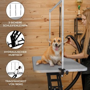 Monstershop hydraulischer Pflegetisch mit Hund, grau/schwarz, H-Stange und Leinen.