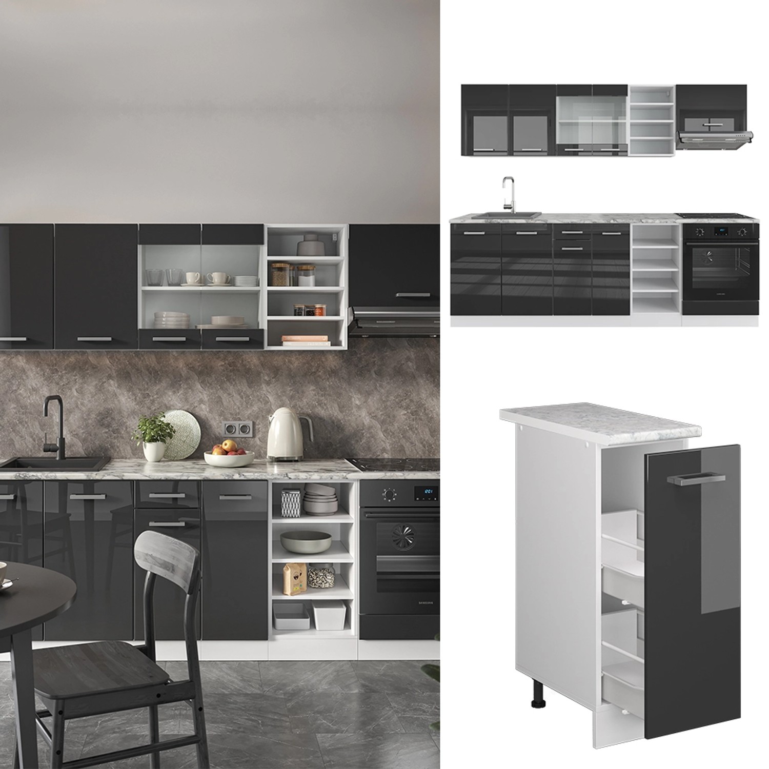 Vicco R-Line Küchenzeile, 240 cm, Anthrazit Hochglanz/Weiß mit Eiche Arbeitsplatte.