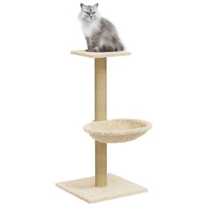 Cremefarbener vidaXL Kratzbaum mit Sisalsäule und Katze auf der obersten Plattform.