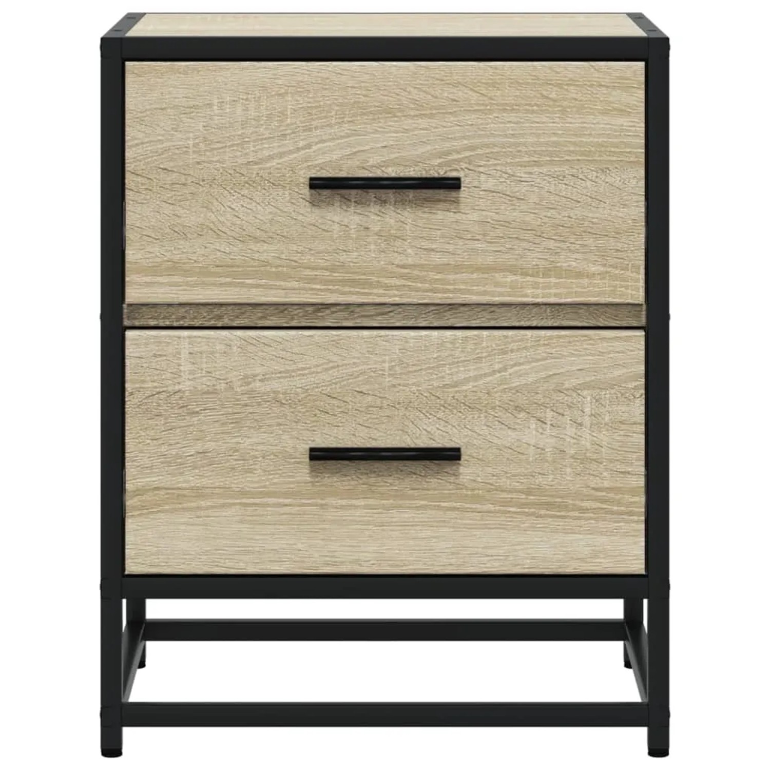 Nachttisch Sonoma-Eiche mit 2 Schubladen und schwarzem Stahlrahmen. Moderner Beistellschrank aus Holzwerkstoff.