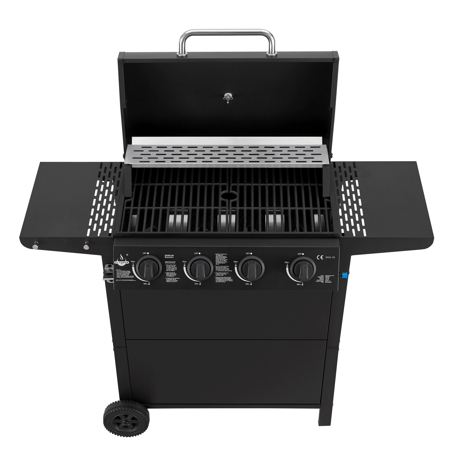 El Fuego Gasgrill San Jose mit 4 Brennern, Grillrost aus Gusseisen und Seitenablagen.