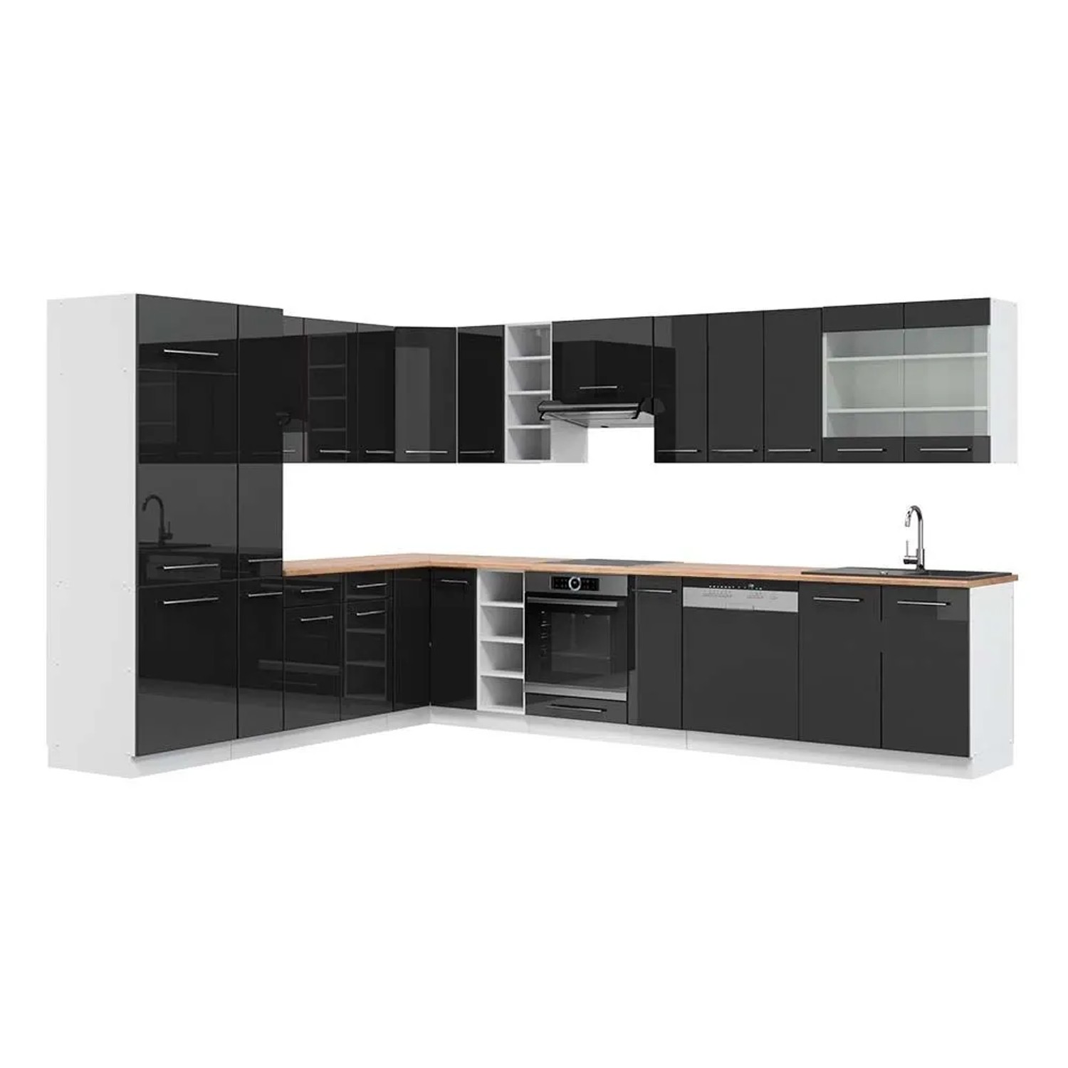 Vicco Eckküche Fame-Line Anthrazit Hochglanz/Weiß 347 x 82, AP Eiche