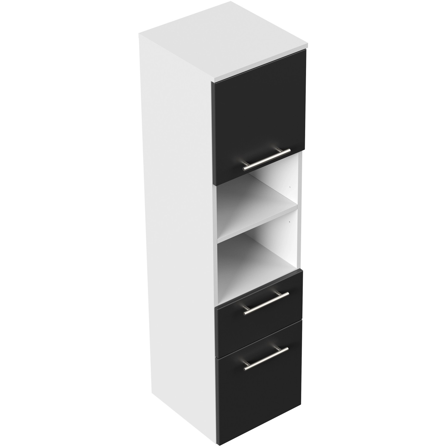 Posseik Bad-Hochschrank VIVA, weiß matt mit schwarzen Elementen, 134,5 cm hoch.