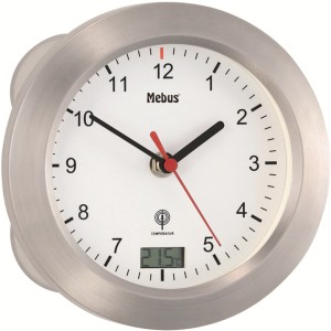 Funk-Badezimmeruhr Alu von Mebus mit digitaler Temperaturanzeige und weißem Ziffernblatt.