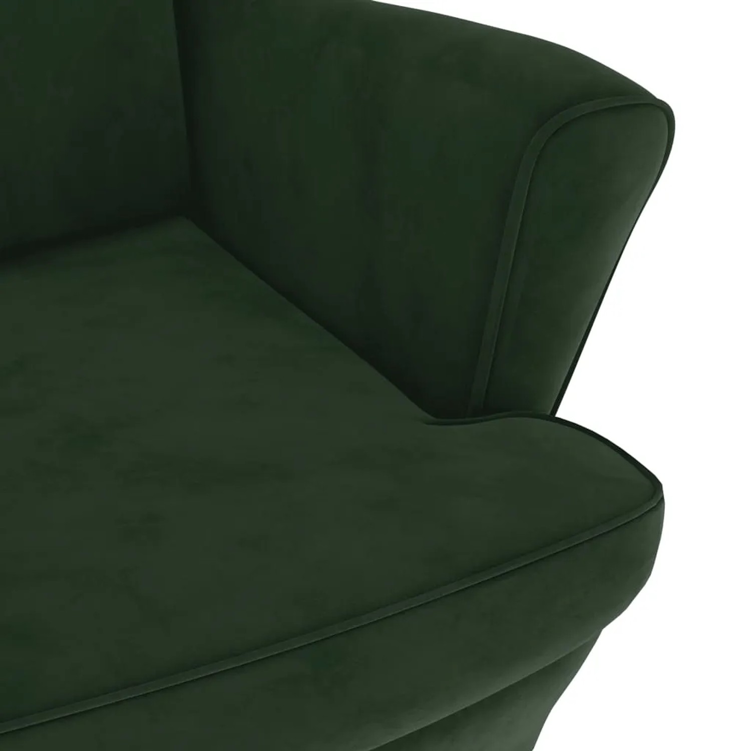 Detailaufnahme: Dunkelgrüner Ohrensessel mit Samtbezug, Teil eines Relaxsessel-Sets mit Hocker.