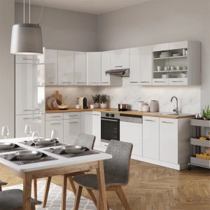 Vicco Fame-Line Eckküche in Weiß Hochglanz/Eiche Optik, L-Form Küchenzeile mit Esstisch im Raum.