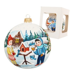 Weiße Krebs Glas Lauscha Weihnachtskugel (10 cm) mit Kinder-Motiv und Vogelhaus.