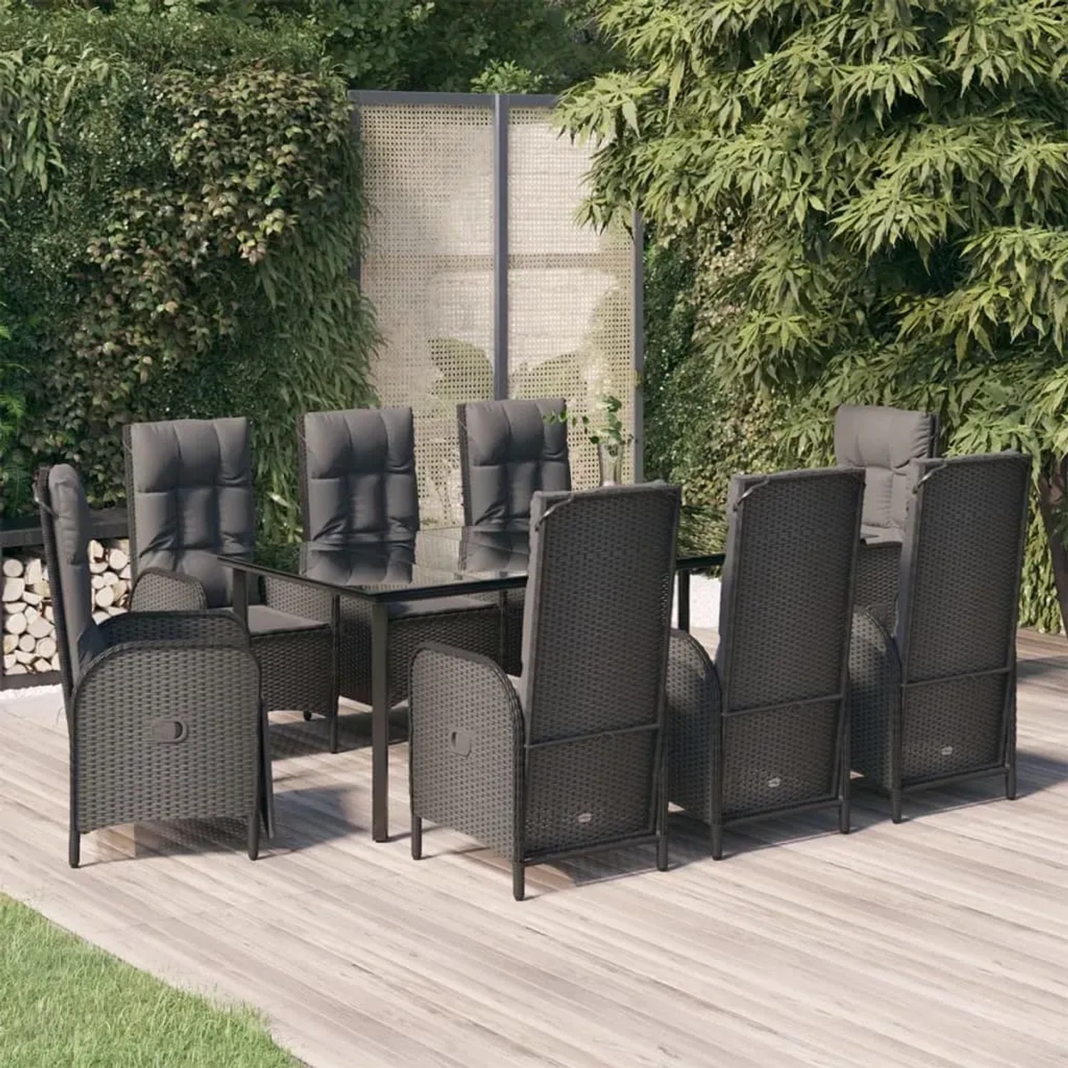 Schwarze 9-tlg. Garten Essgruppe aus Polyrattan mit Kissen. Gartenmöbel-Set mit Tisch und verstellbaren Stühlen.