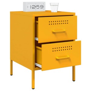 Senfgelber vidaXL Nachttisch aus Stahl mit 2 Schubladen im Industrie-Stil.