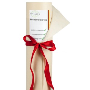 Cremefarbene Sensalux Vlies-Tischdeckenrolle (1,18 m x 25 m) mit roter Schleife.