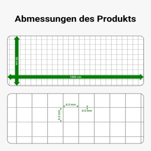 Abmessungen Wiltec Volierendraht: 0,5x10m, Maschenweite 6,3mm, Drahtstärke 0,5mm.