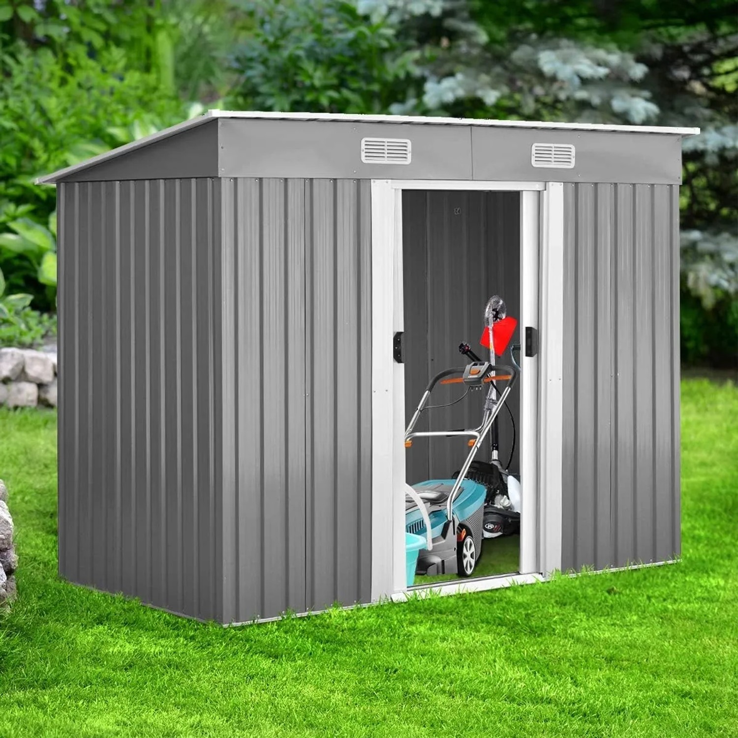 Costway Gerätehaus Metall Gartenhaus 238x131x181cm Grau_2