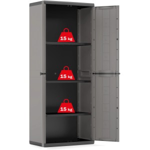 Dunkelgrauer Kunststoffschrank Jolly mit 3 Einlegeböden, je 15 kg Tragkraft. Ideal für Werkstatt und Garage.