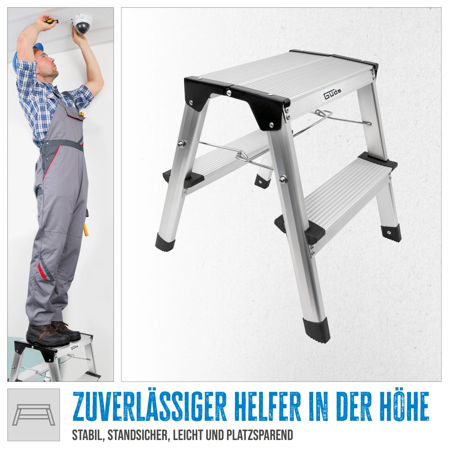 Aluminium Trittleiter GAT 2S: Klappbare Leiter mit zwei Stufen und einer Person, die sie benutzt.