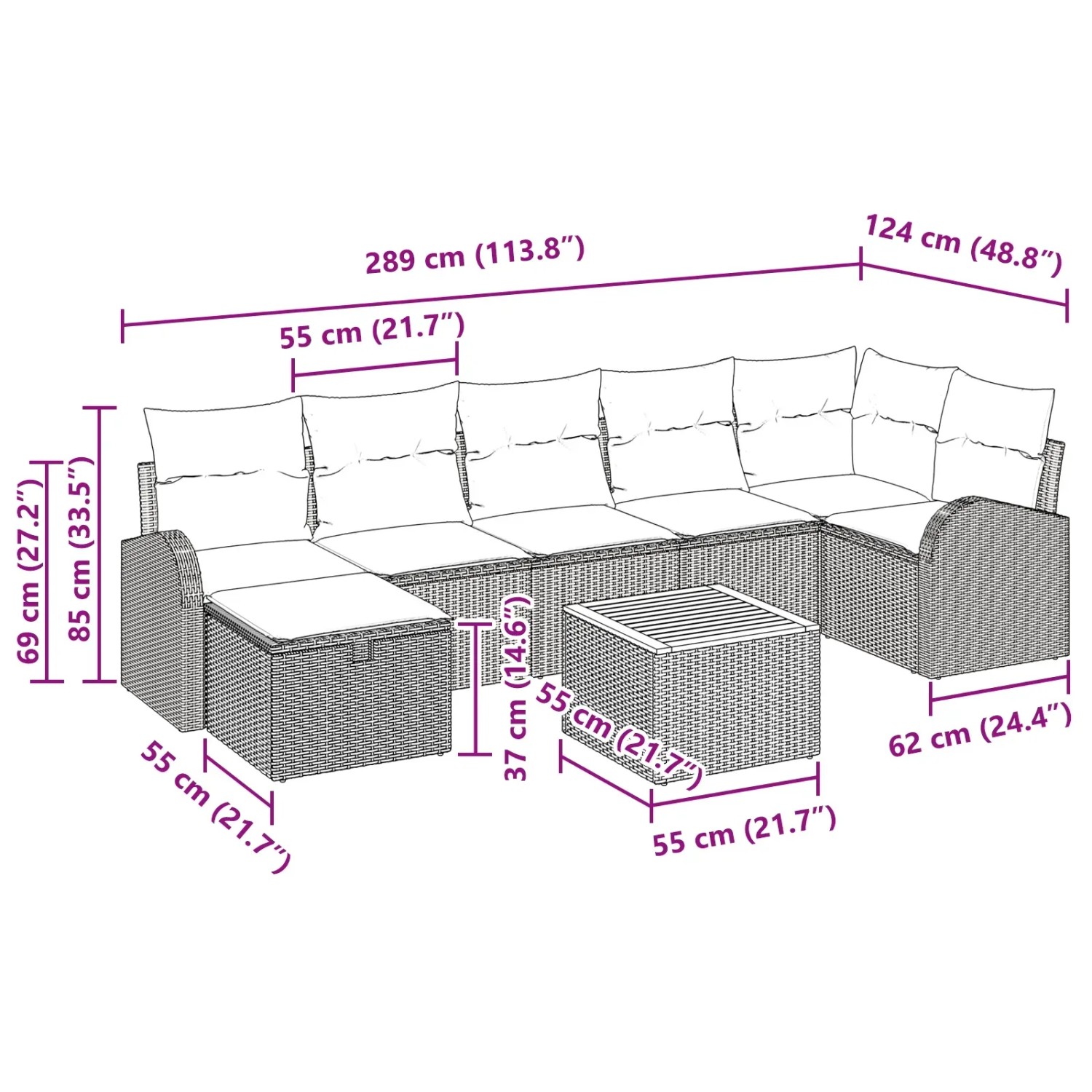 vidaXL Gartenmöbel-Set, 8-teilig, schwarz, Poly Rattan, mit Maßen. Ideal für Terrasse und Garten.