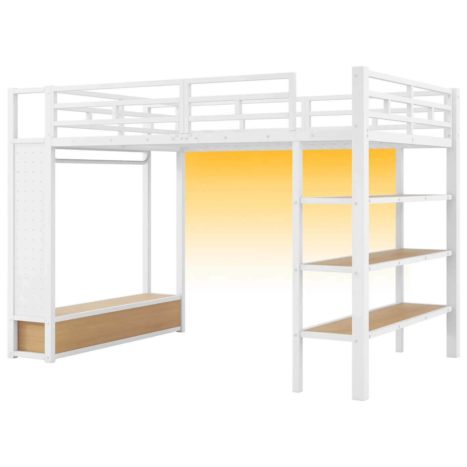 okwish Metall Hochbett 140x200cm mit Kleiderschrank Lochwand und LED Weiß ohne Matratze