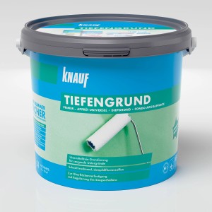 Knauf Tiefengrund LF 5l im blauen Eimer mit Farbroller. Grundierung für saugende Untergründe.