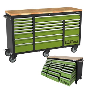 TRUTZHOLM Werkstattwagen Deluxe XXL, grün, mit 20 Schubladen und Hartholz-Arbeitsplatte.