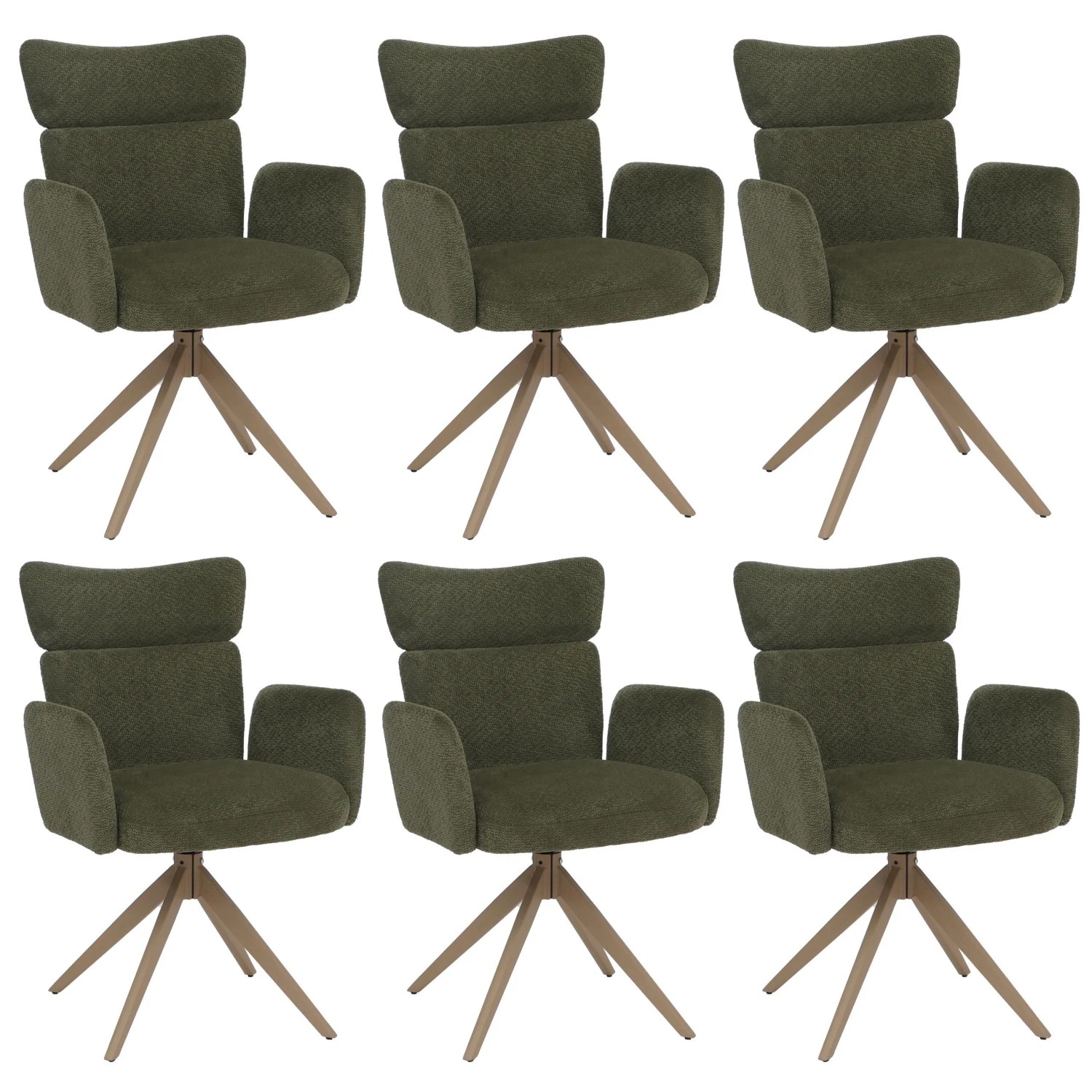 MCW 6er-Set Esszimmerstuhl N11 Drehbar Auto-Return Stoff Bouclé Grün Beine Holz-Optik