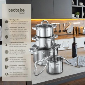 Tectake Kochtopfset Turin, 15-teilig aus Edelstahl, mit Töpfen, Pfannen und Deckeln.
