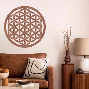 Wanddeko Blume des Lebens aus Holz, Mahagoni Furnier, 45x45 cm. Wandbild für Wohnzimmer.