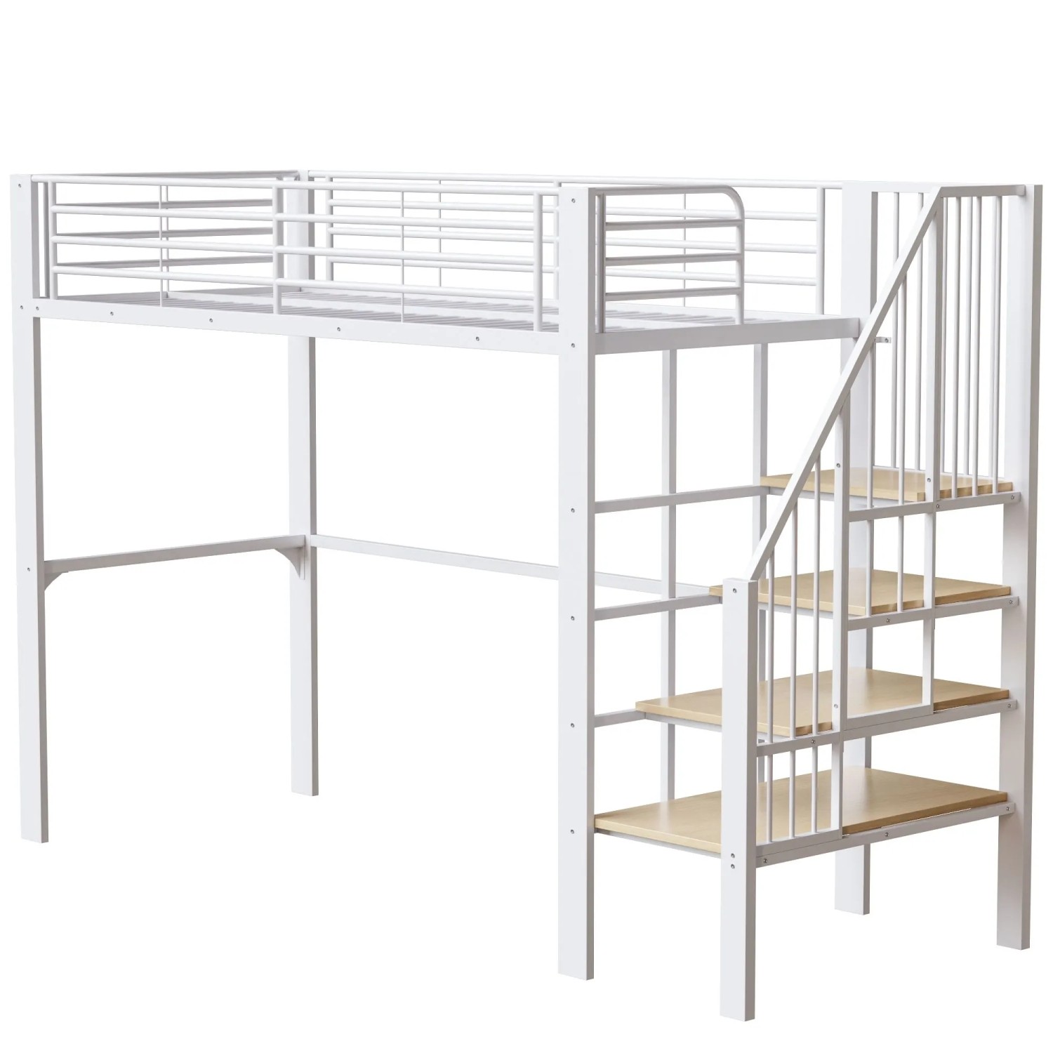 okwish Hochbett 90x200cm mit Stauraum und Treppe Kinderzimmer Weiß ohne Matratze