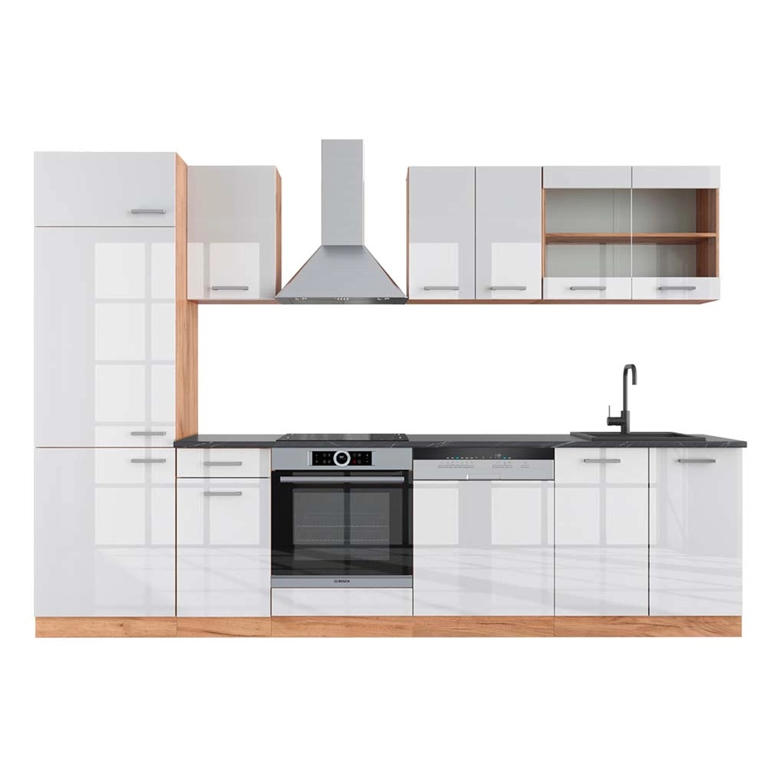 Vicco R-Line Küchenzeile Weiß Hochglanz/Goldkraft Eiche 300 cm AP Anthrazit günstig online kaufen