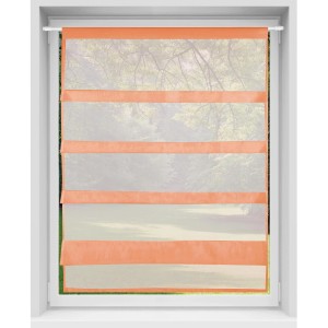 Orange Bistrogardine mit Raffoptik und Stangendurchzug im Fenster.