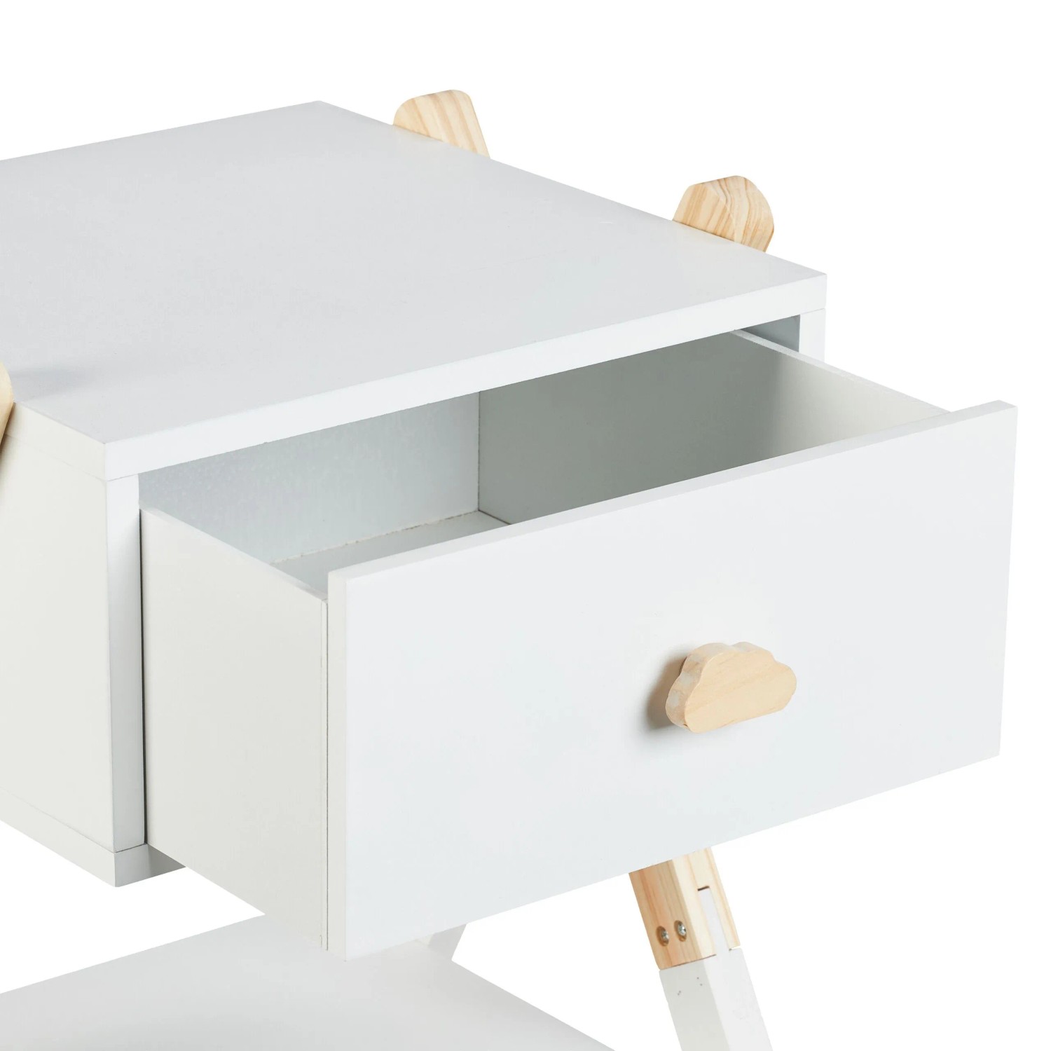 Weißer Kindernachttisch aus MDF mit offener Schublade und Wolkengriff aus Naturholz. Ideal fürs Kinderzimmer.