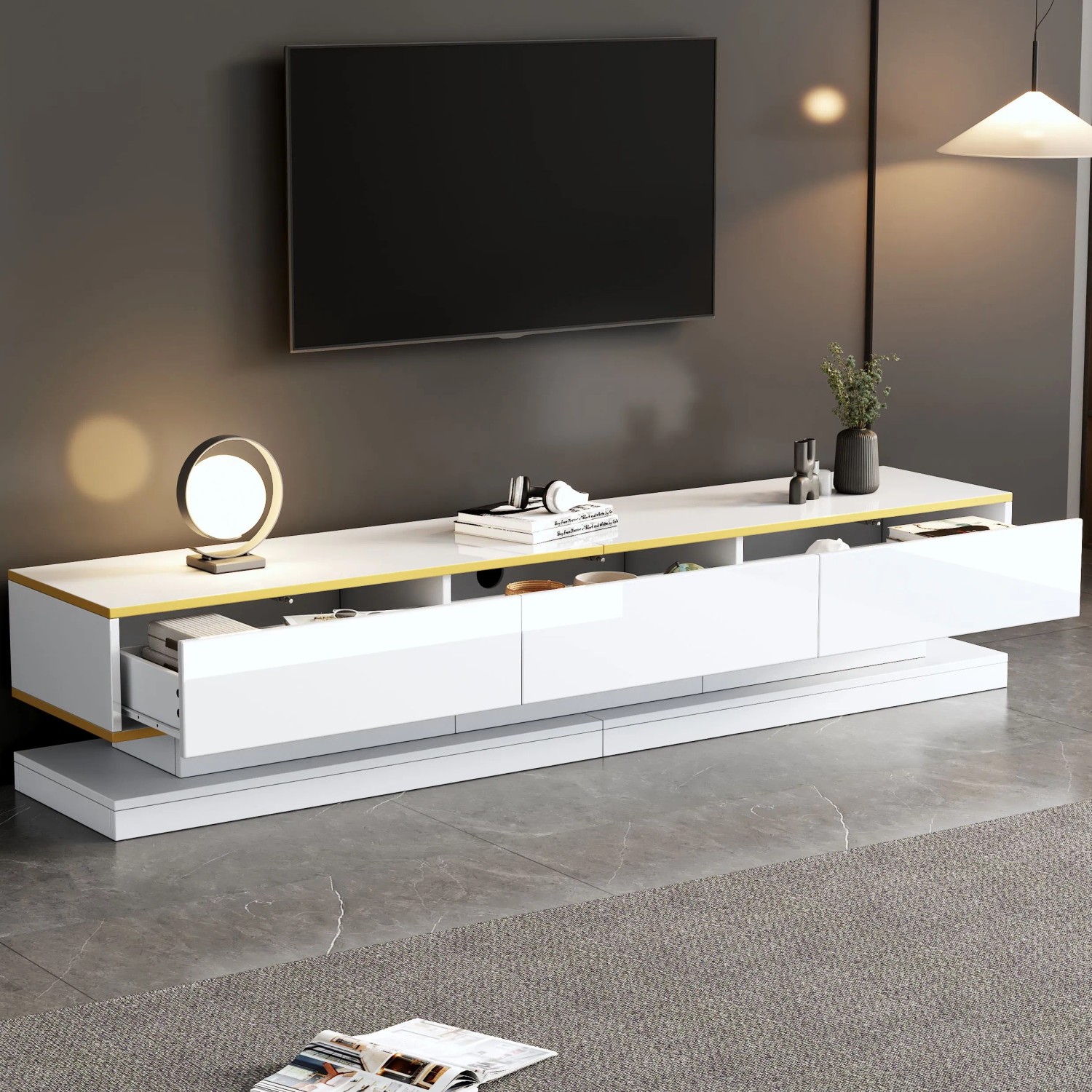 Merax TV Lowboard 200x40x40 cm Hochglanz 3 Schubladen Weiß Gold