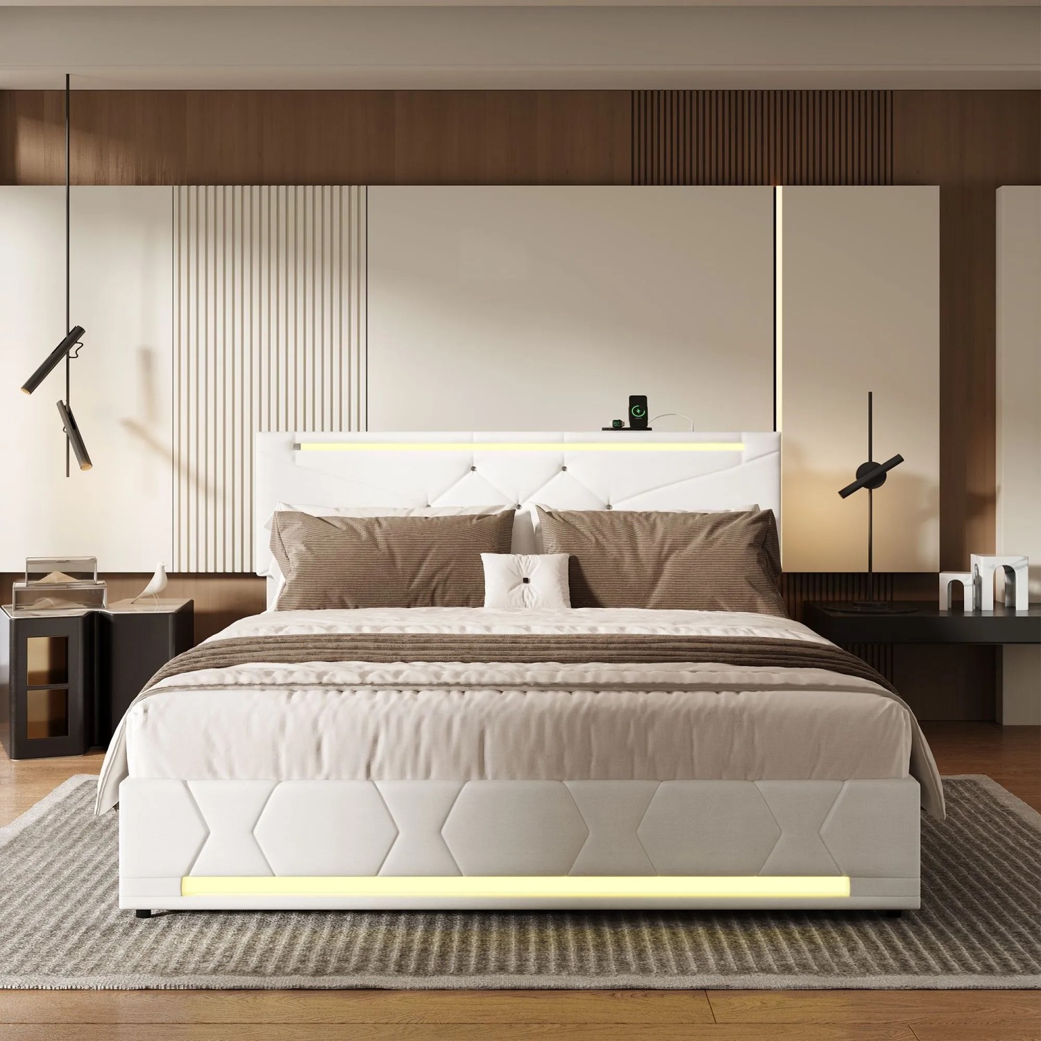 PXloue Polsterbett Doppelbett 140/200 mit LED USB Höhenverstellbares Kopfteil_9