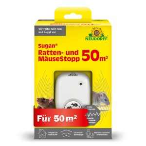 Neudorff Ratten- und Mäusestopp Sugan 50 m², Ultraschallgerät im gelben Karton mit Ratten und Mäusen.