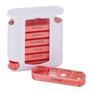 Relaxdays Pillendose Kunststoff Weiß Rot 7 Tage 4 Fächer Schiebedeckel 13 cm x 11,5 cm x 4,5 cm 170 g