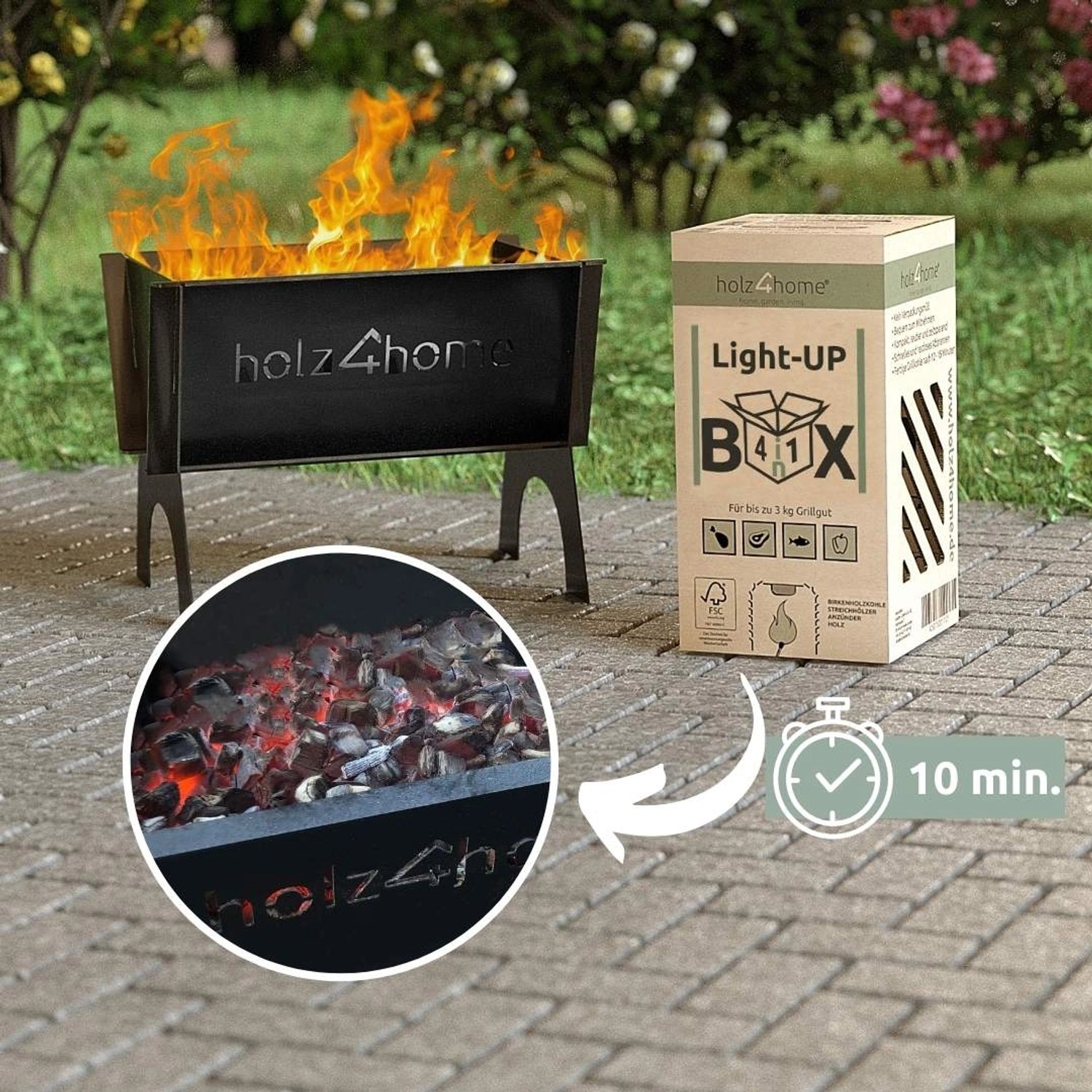 holz4home 6er SET Grillkohle Premium Light UP Box 4in1 Grillanzünder