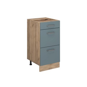 Vicco Küchenunterschrank R-Line in Blau-Grau/Goldkraft Eiche mit drei Schubladen.