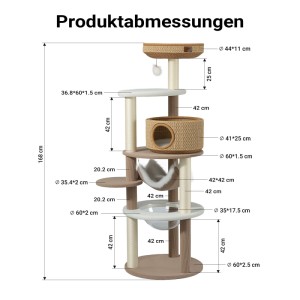 Maßzeichnung des beigefarbenen Wiltec Fudajo Kratzbaums, 168 cm hoch, mit Katzenhaus, Hängematte und Abmessungen.