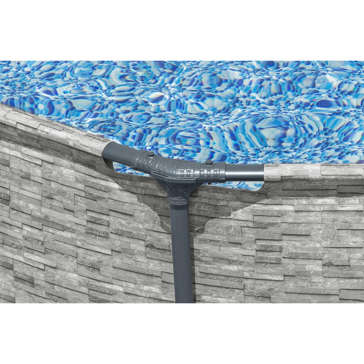 Detailaufnahme Stahlrahmenpool Bestway Steel Pro MAX, graue Steinoptik, Wasser und Rahmen.
