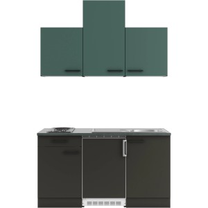 OPTIFIT Miniküche Verona405/Madrid420, 150 cm, steingrün/anthrazit mit Kochfeld und Kühlschrank.