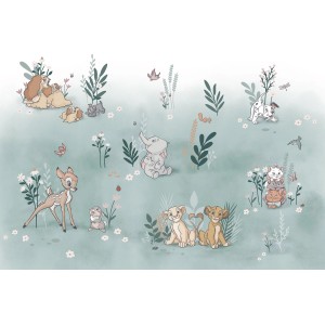 Komar Vliesfototapete 'Before the Bloom' mit Disney-Motiven auf mintfarbenem Grund.
