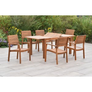 Merxx Batavia Gartenmöbel-Set, 7-teilig: Ausziehbarer Tisch und 6 Stapelsessel aus Akazienholz.