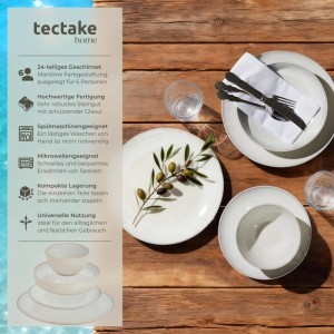 Tectake Tafelservice Mare, 24-teilig für 6 Personen im maritimen Design auf Holztisch.