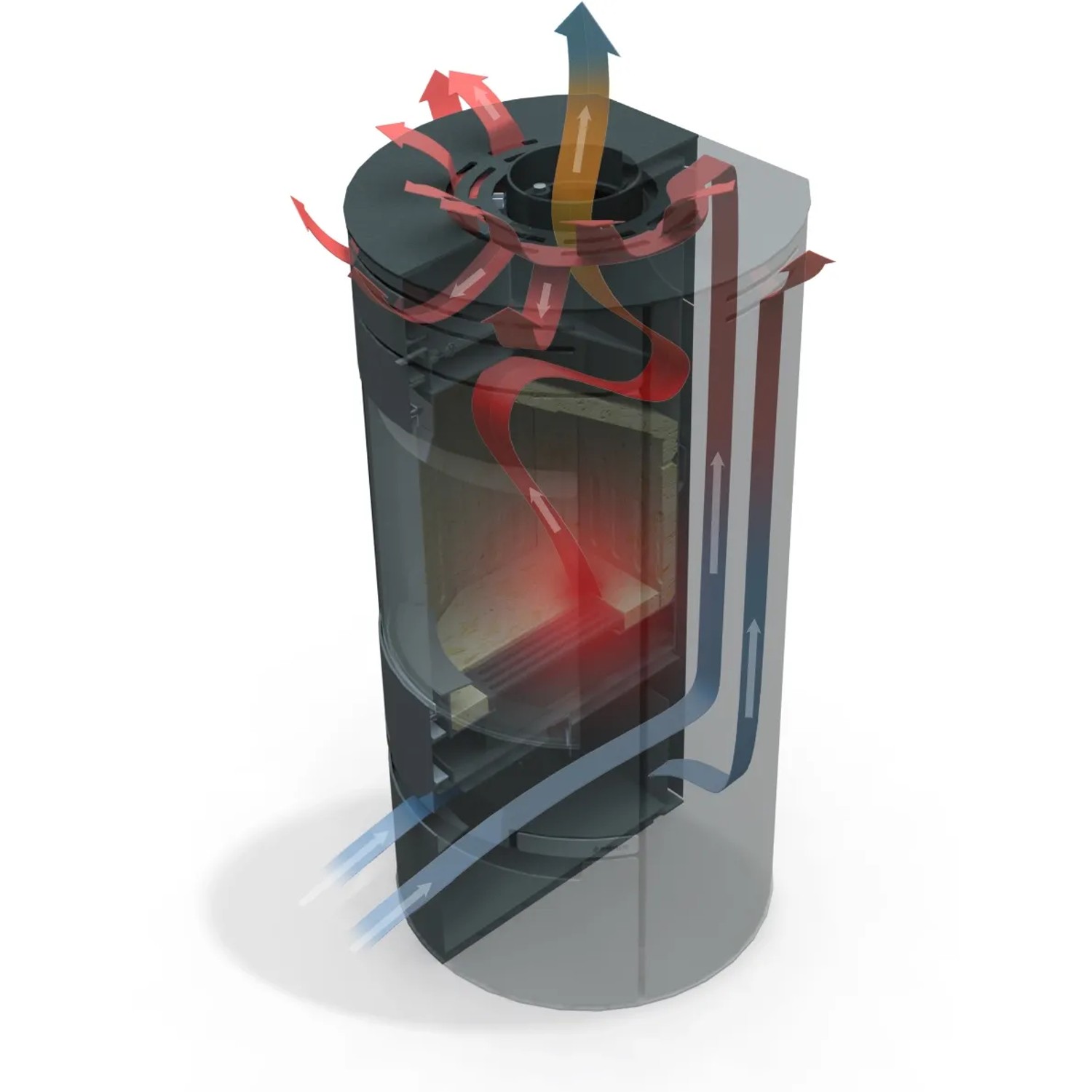 Schnittansicht Aduro 9.3 Kaminofen: Luftzirkulation im Stahl Kaminofen mit Automatik.