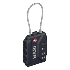 Schwarzes Basi TSA Kofferschloss mit Stahlseil und Zahlencode (37mm) für Reisegepäck.