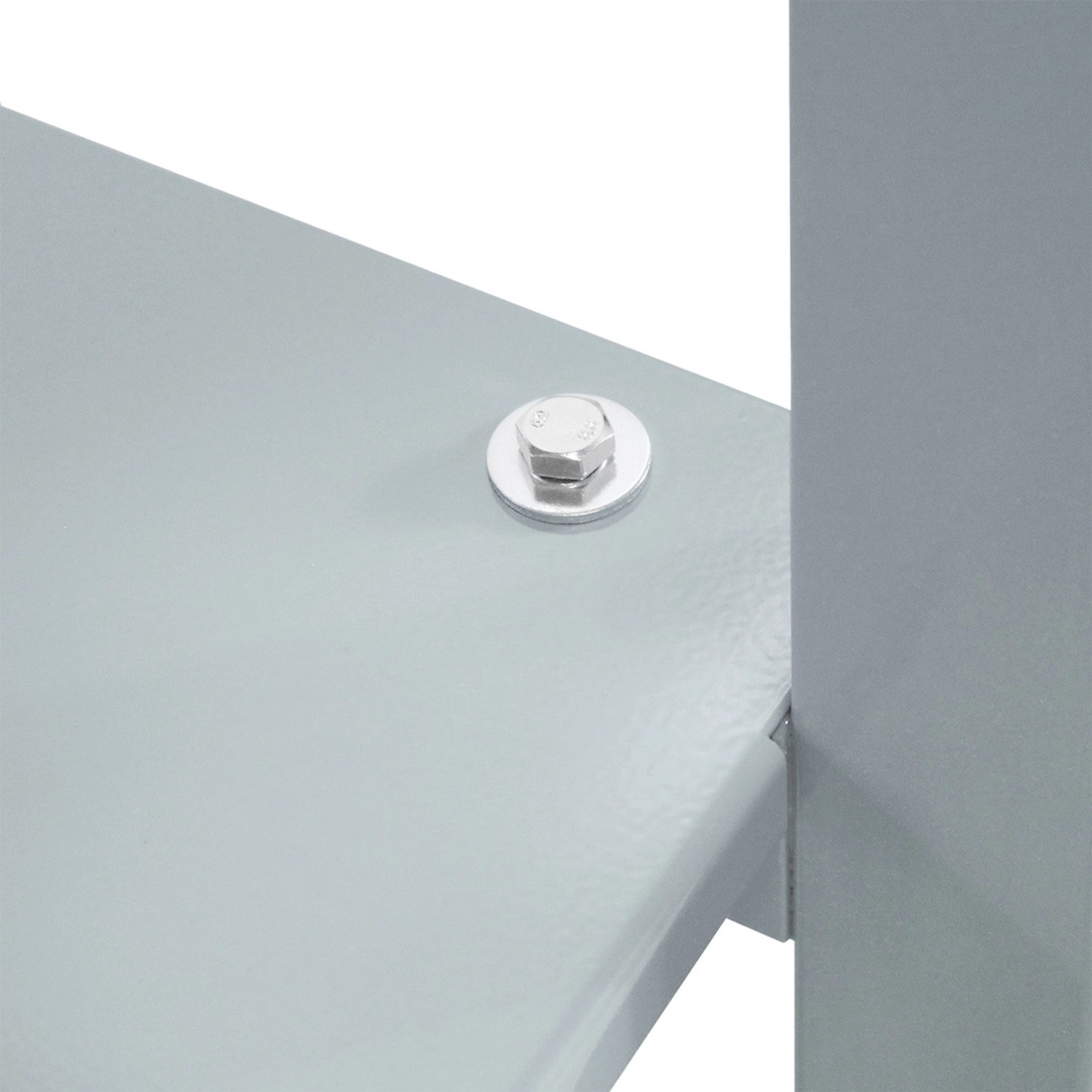 Detailaufnahme: Lichtgraue PROREGAL Werkbank Giant Rhino Plus, verschraubte Metallkonstruktion.