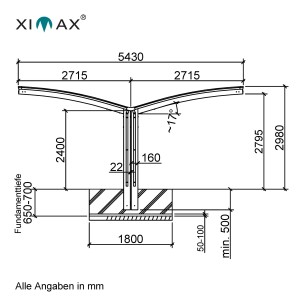 Technische Zeichnung: Ximax Carport Portoforte-80 Y-Ausführung, Mattbraun, mit Maßangaben.