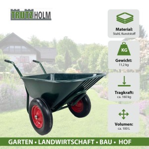 TRUTZHOLM Schubkarre mit 2 Rädern, 100L Volumen und 160kg Traglast.