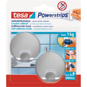 Tesa Selbstklebehaken Edelstahl, 2er-Pack mit Powerstrips für bis zu 1 kg.