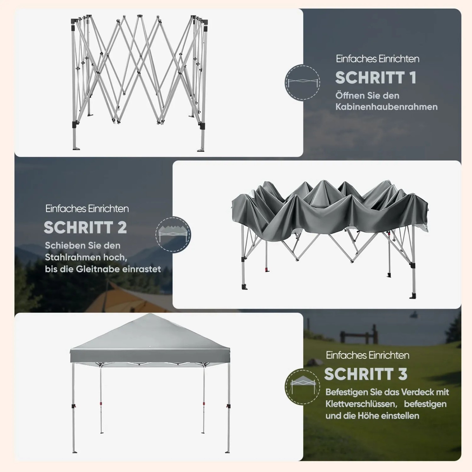 Sunula Faltpavillon 3x3 m: Aufbau in Schritten. Rahmen öffnen, Dach befestigen, Höhe einstellen für den Pop Up Gartenpavillon.