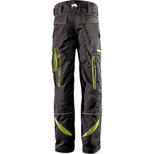 Bullstar Kinderhose Ultra, schwarz/lime, Gr. 170/176, Rückansicht. Arbeitskleidung mit Cargo-Taschen und Reflexelementen.
