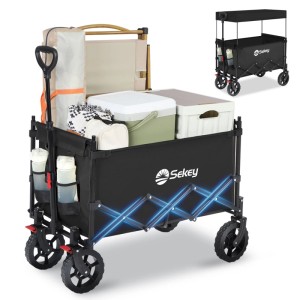 Sekey XXL Bollerwagen, faltbar, 150L, schwarz, beladen mit Campingausrüstung.